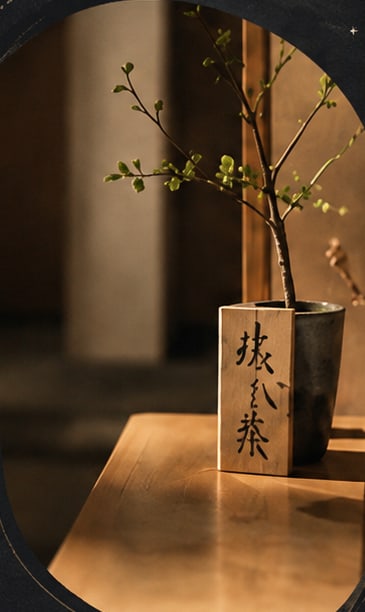 円窓の向こう、枝ものがいけられた明かりの下のカウンター