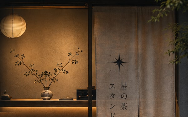 灯りのともったカウンターと、枝もののいけられた店内