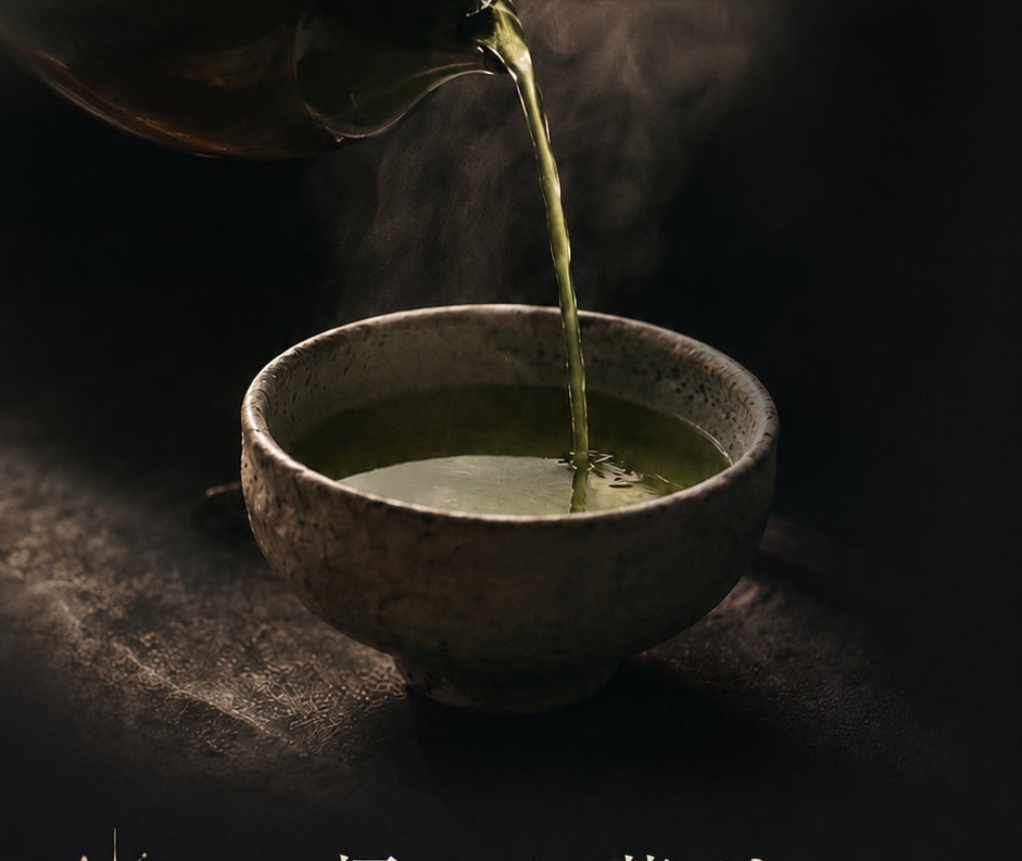 湯気の立つ茶碗に、急須から緑茶が注がれているところ