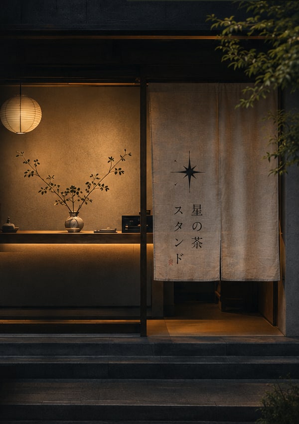 提灯が灯り、暖簾のかかった夜の店先